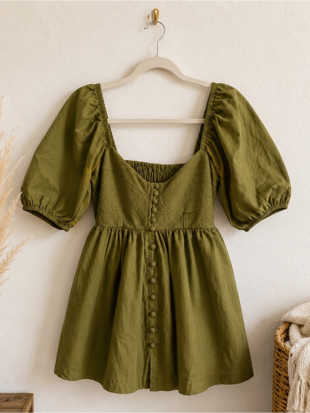 Anthropologie Maeve Olive Green Puff Sleeve Babydoll Mini Dress XS Cottagecore